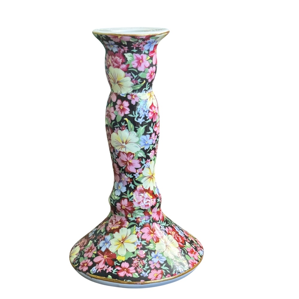 Royal Cotswolds J‎ Godinger Chintz Floral Porcelain Candlestick Holder Gold Trim
